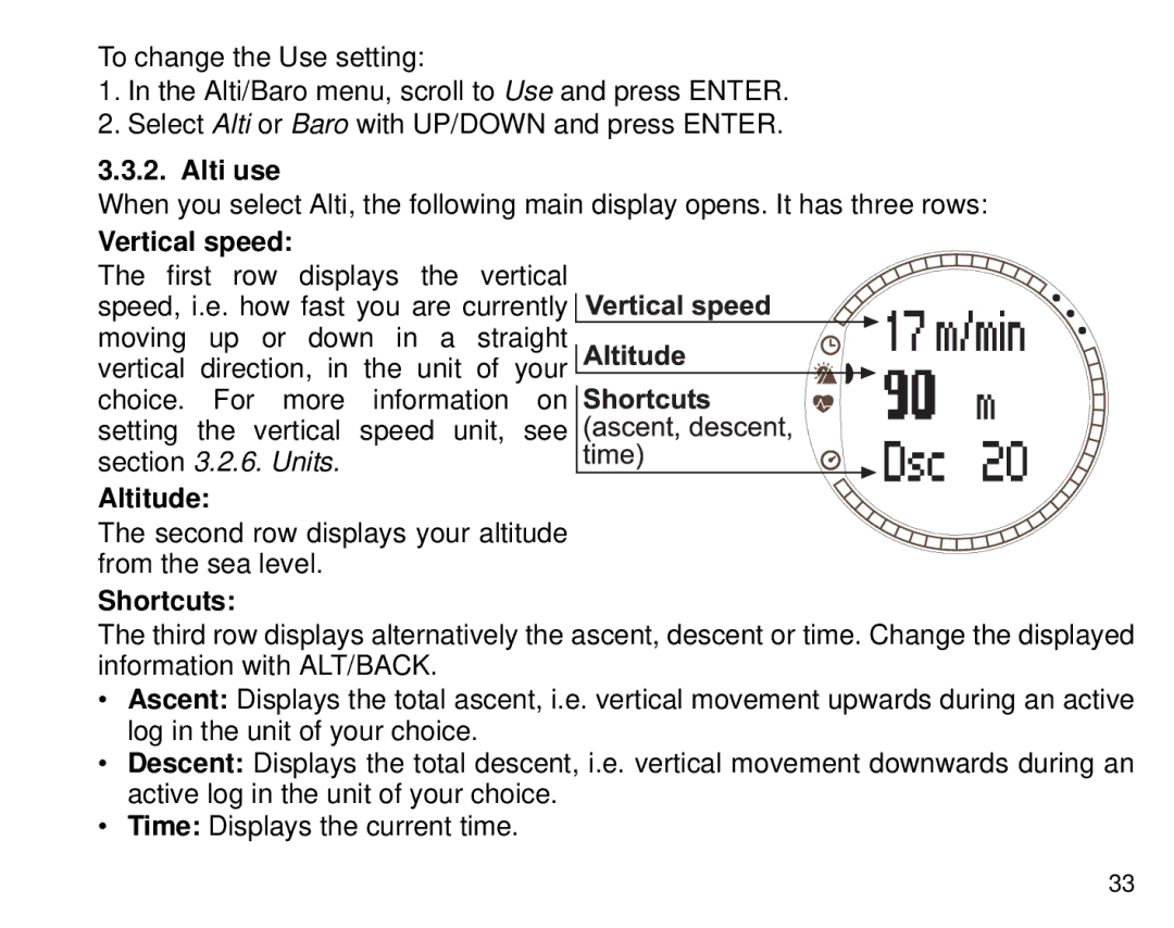 Suunto T6 manual Alti use, Vertical speed, Altitude, Shortcuts 