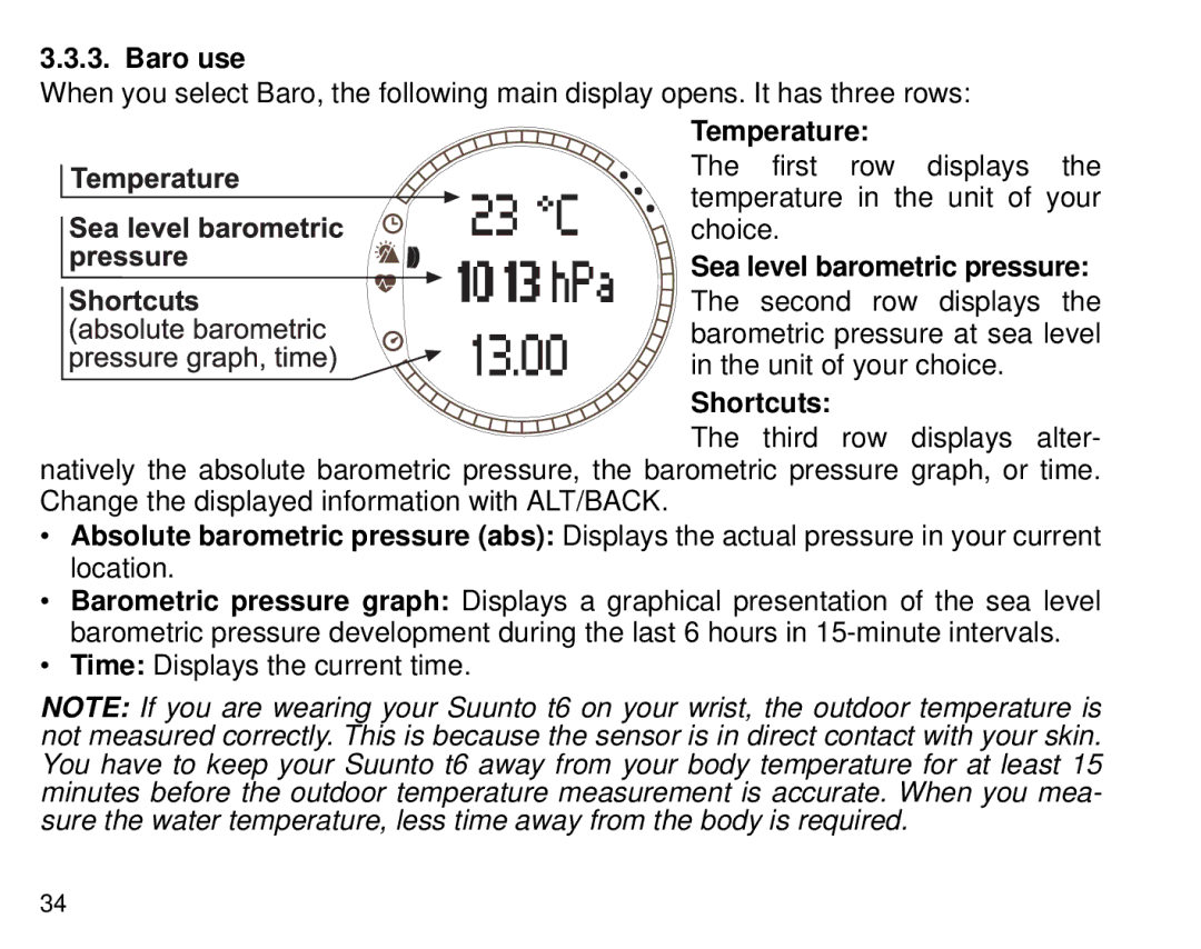 Suunto T6 manual Baro use, Temperature 