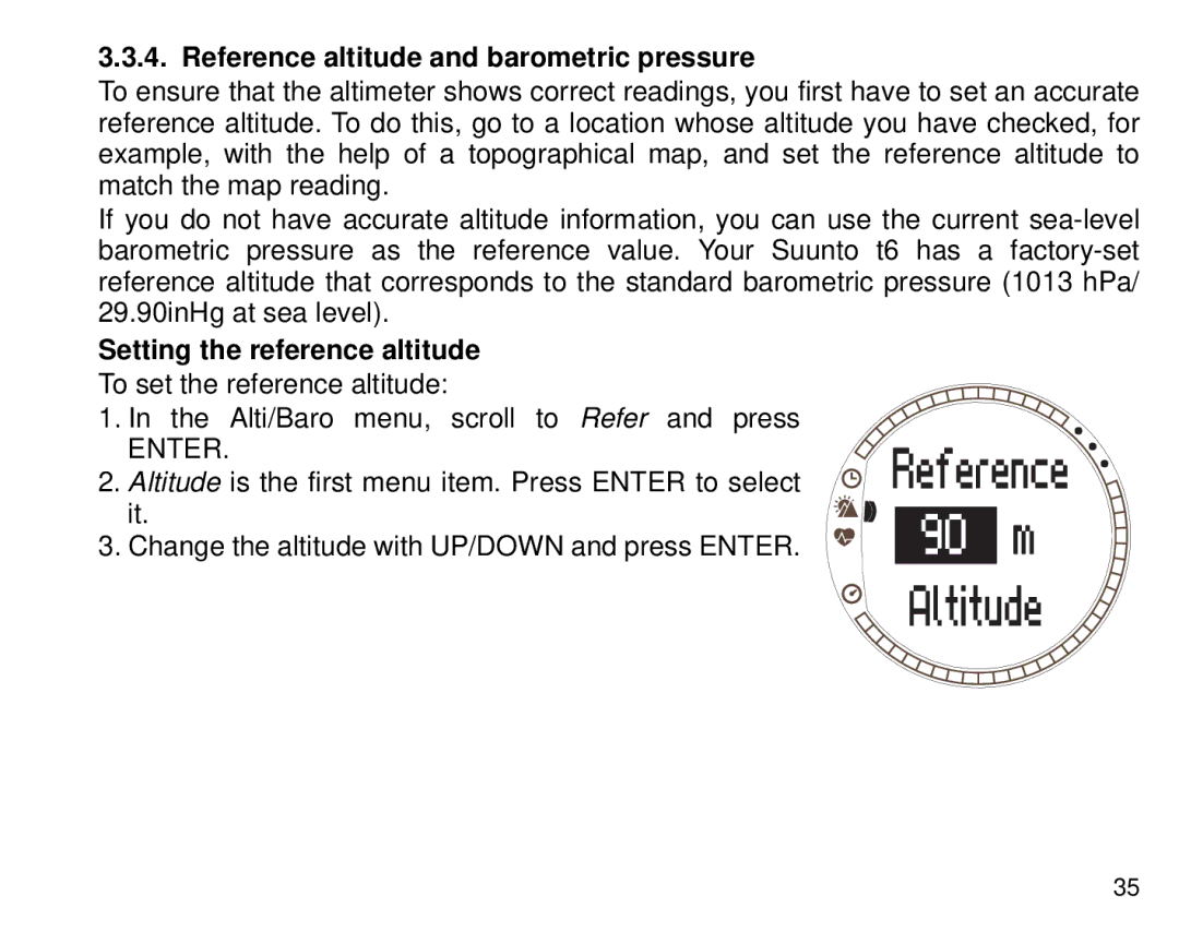 Suunto T6 manual Reference altitude and barometric pressure, Setting the reference altitude 