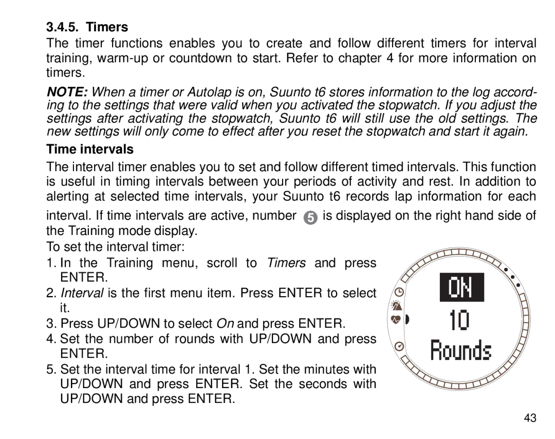 Suunto T6 manual Timers, Time intervals 