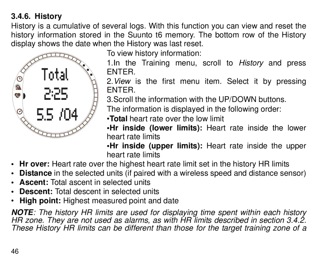 Suunto T6 History, Hr inside lower limits Heart rate inside the lower, Hr inside upper limits Heart rate inside the upper 