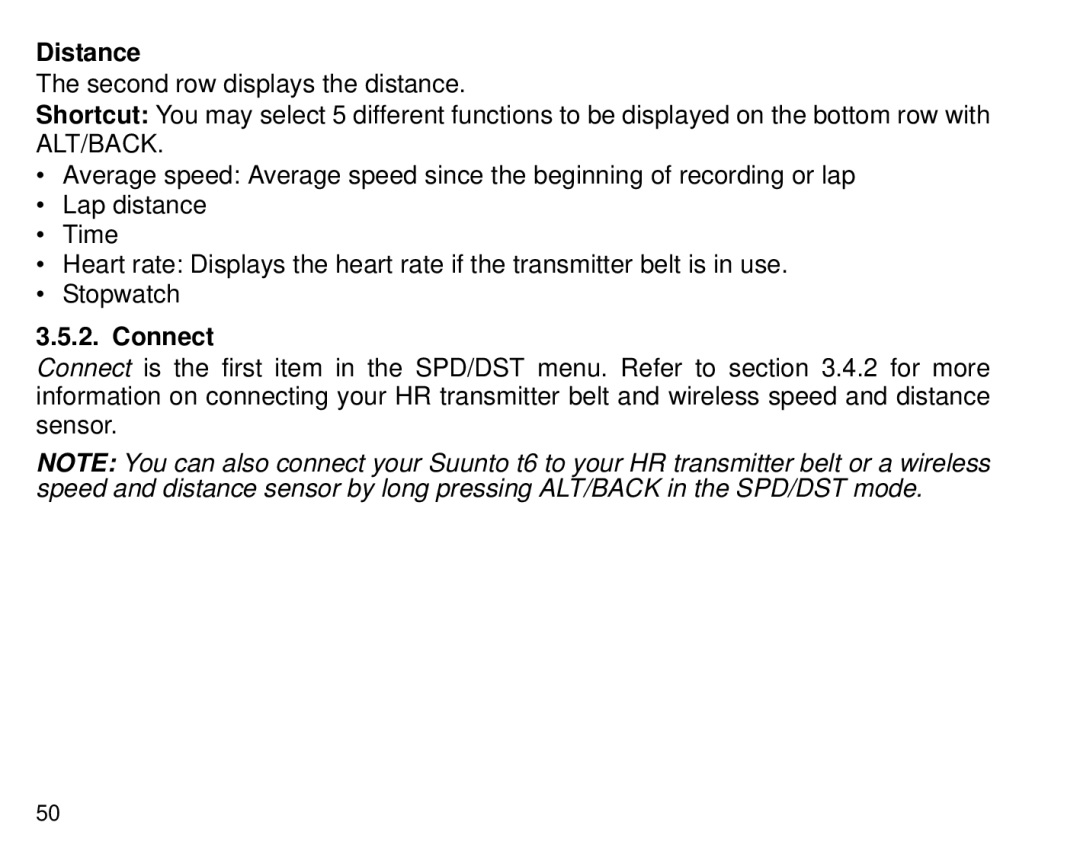 Suunto T6 manual Distance, Connect 