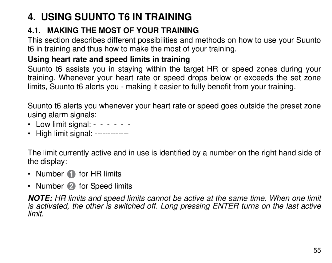 Suunto Using Suunto T6 in Training, Making the Most of Your Training, Using heart rate and speed limits in training 