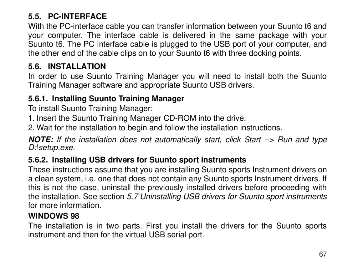 Suunto T6 manual Pc-Interface, Installation, Installing USB drivers for Suunto sport instruments, Windows 