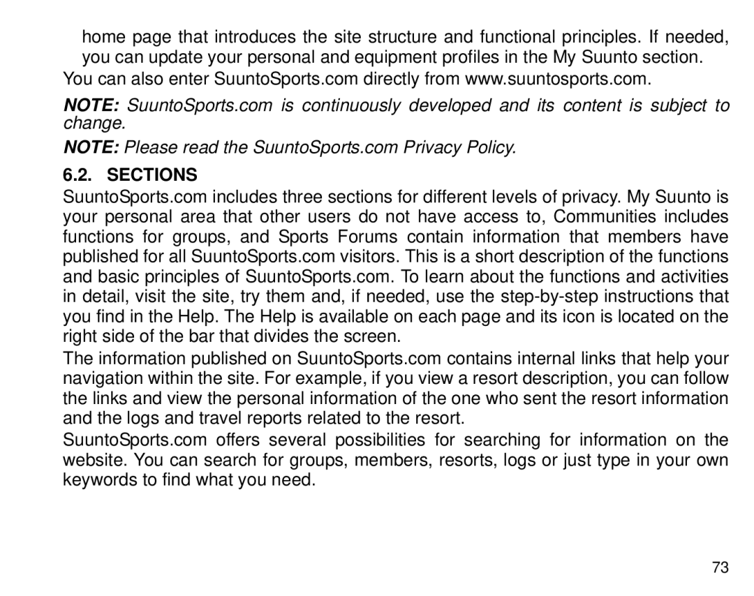 Suunto T6 manual Sections 