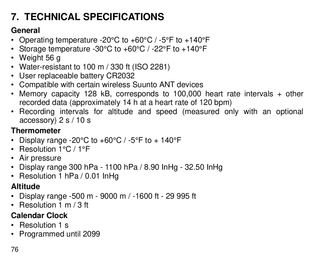 Suunto T6 manual Technical Specifications, Thermometer, Calendar Clock 