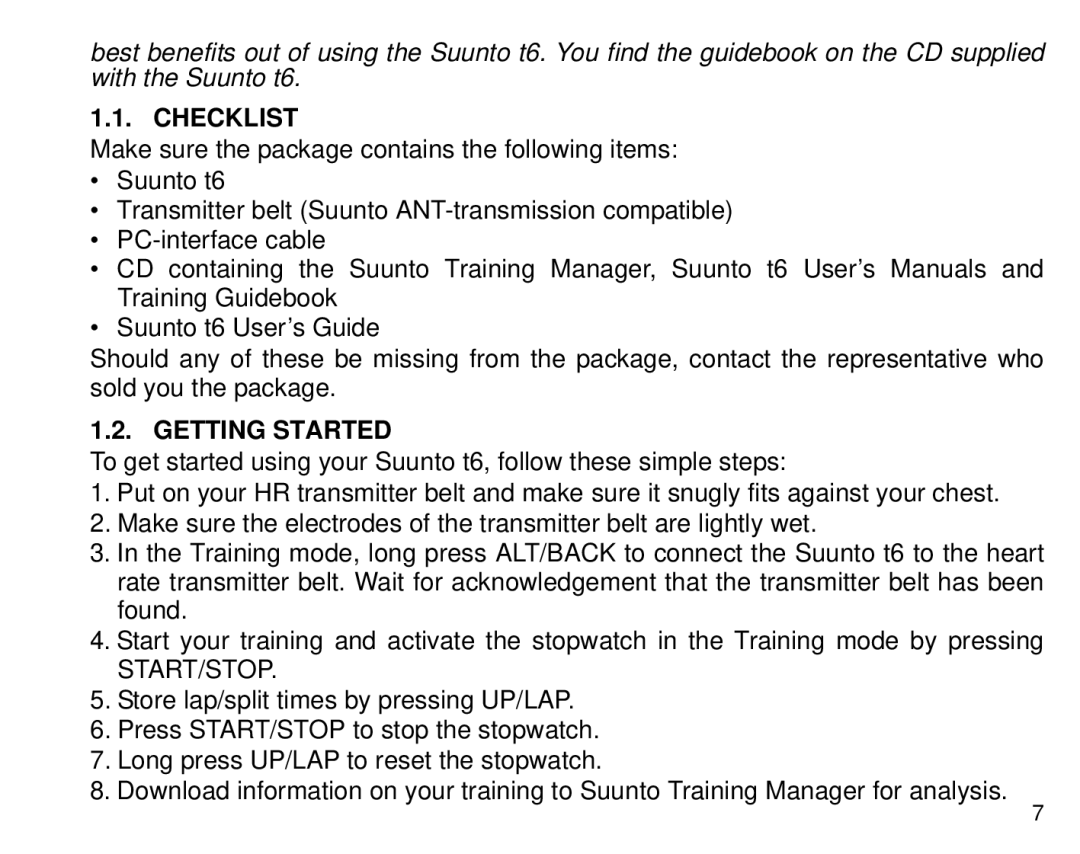 Suunto T6 manual Checklist, Getting Started 