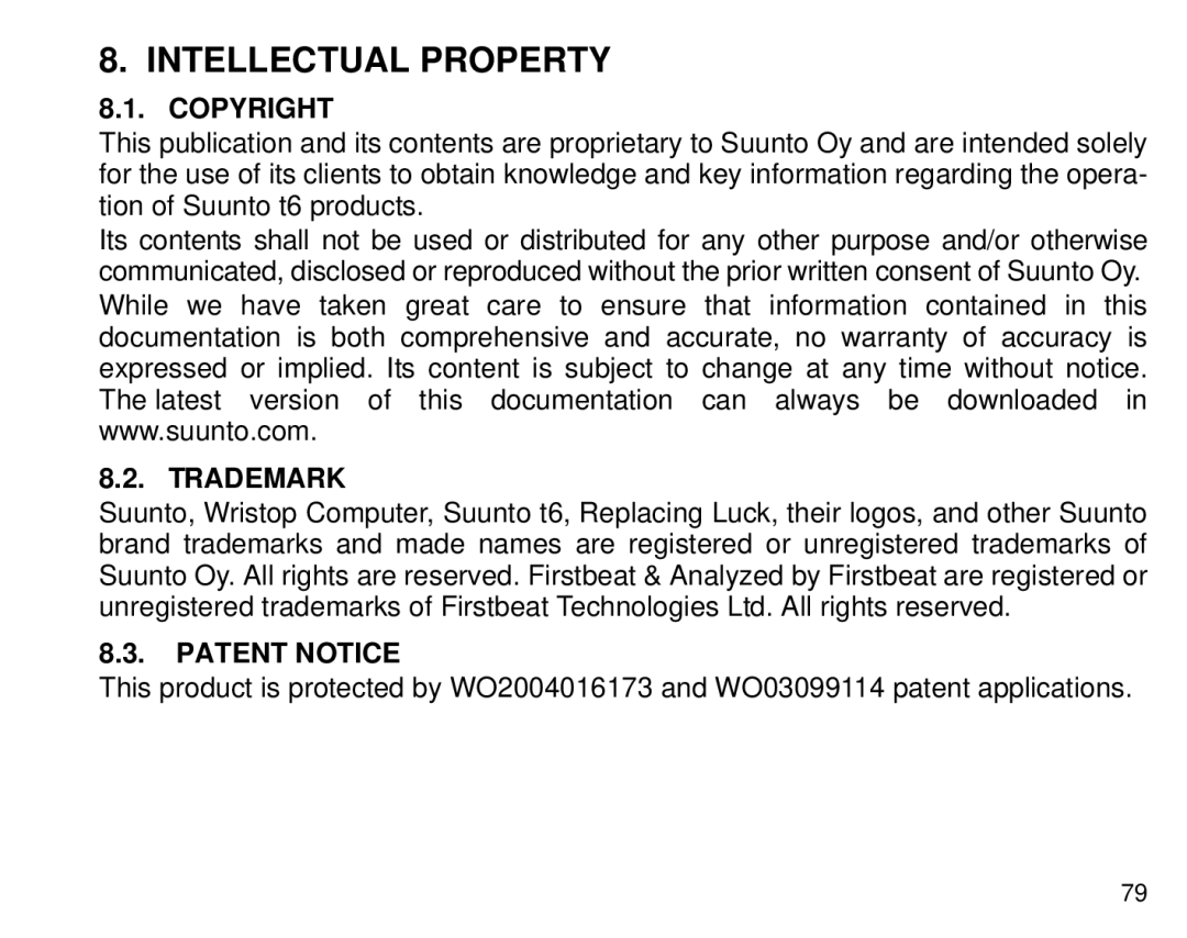 Suunto T6 manual Intellectual Property, Trademark Patent Notice 