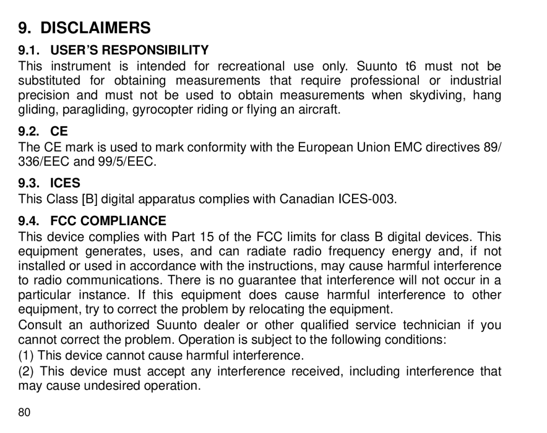 Suunto T6 manual Disclaimers, USER’S Responsibility, Ices, FCC Compliance 