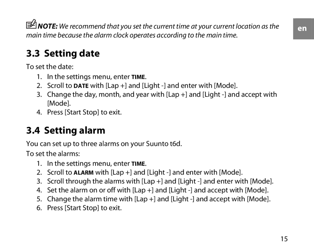 Suunto T6D manual Setting date, Setting alarm 