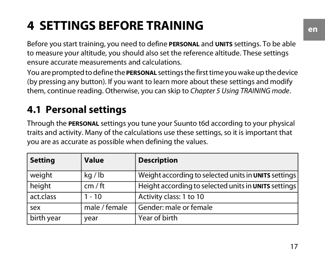 Suunto T6D manual Settings Before Training, Personal settings 