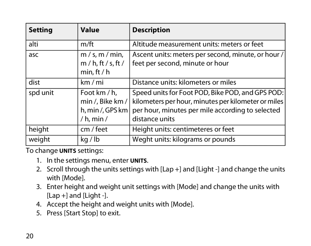 Suunto T6D manual Alti Altitude measurement units meters or feet Asc M / min 