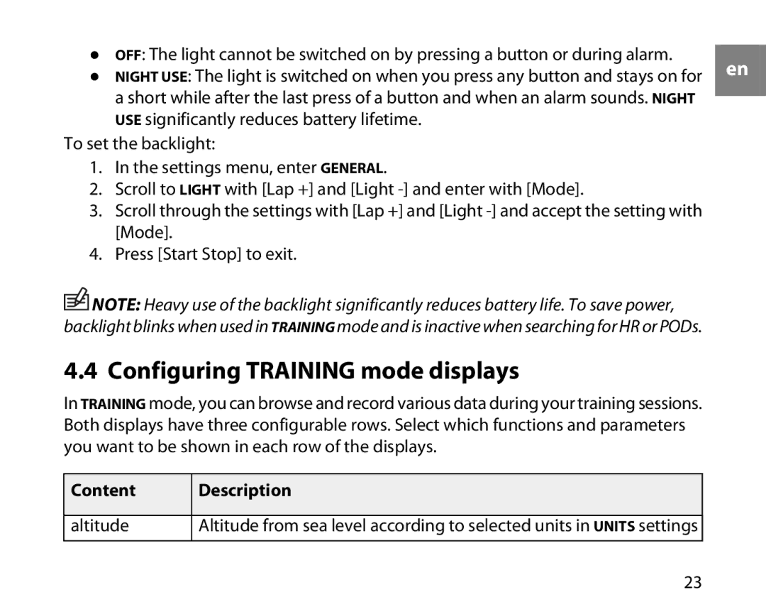 Suunto T6D manual Configuring Training mode displays, Content Description 