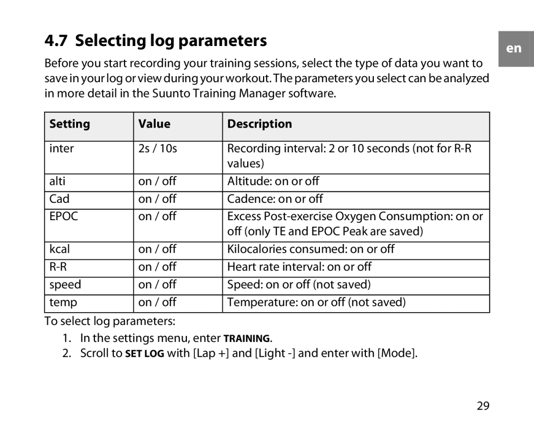 Suunto T6D manual Selecting log parameters 