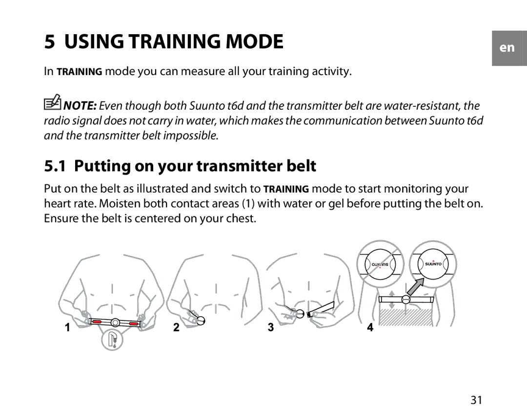 Suunto T6D manual Using Training Mode, Putting on your transmitter belt 