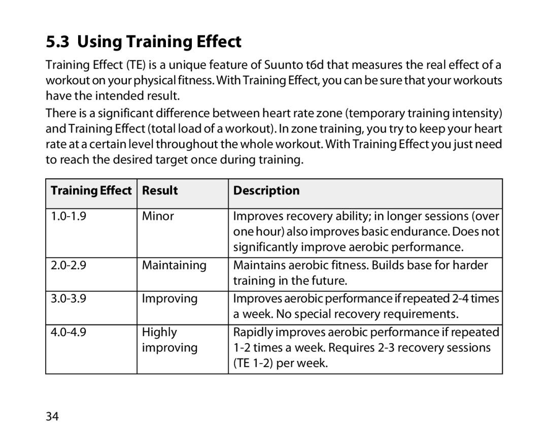 Suunto T6D manual Using Training Effect, Result Description 