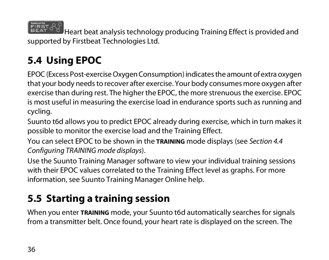 Suunto T6D manual Using Epoc, Starting a training session 