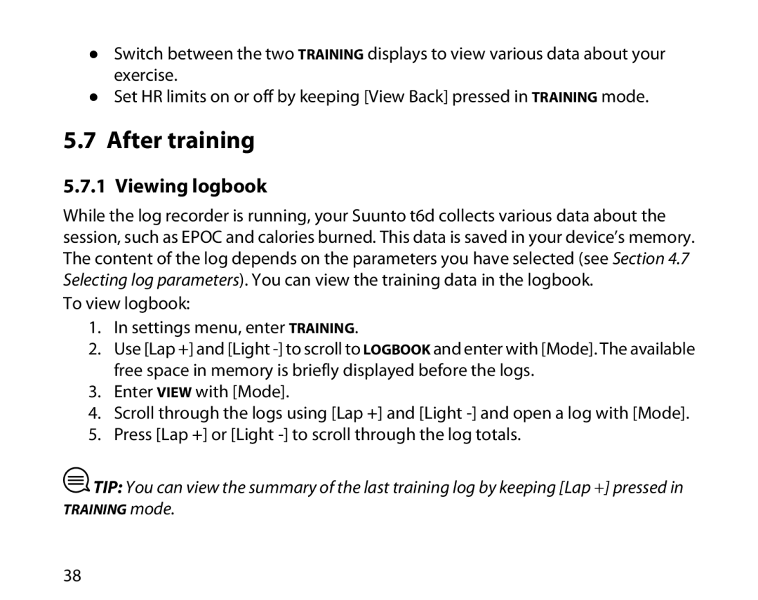 Suunto T6D manual After training, Viewing logbook 