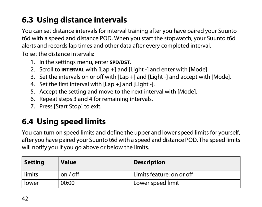 Suunto T6D manual Using distance intervals, Using speed limits 