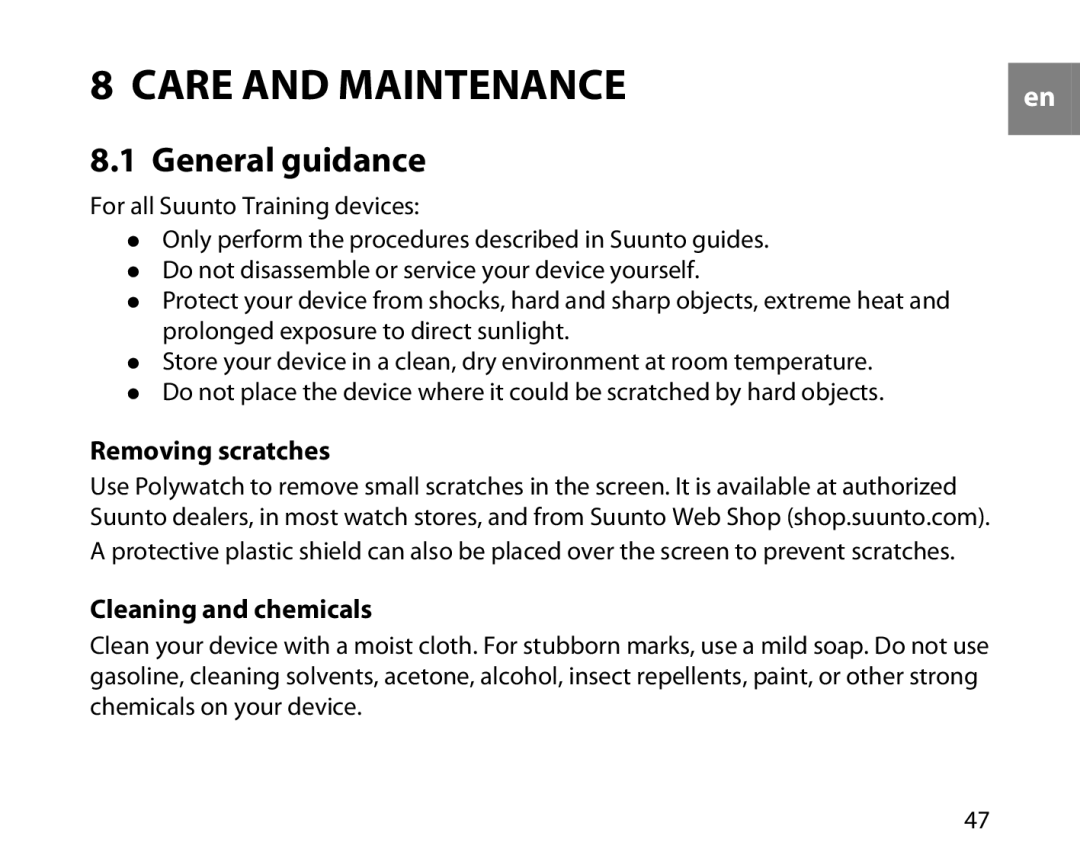 Suunto T6D manual General guidance, Removing scratches, Cleaning and chemicals 