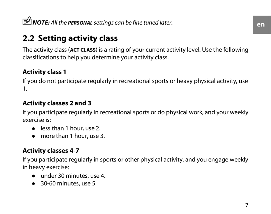 Suunto T6D manual Setting activity class, Activity classes 2 