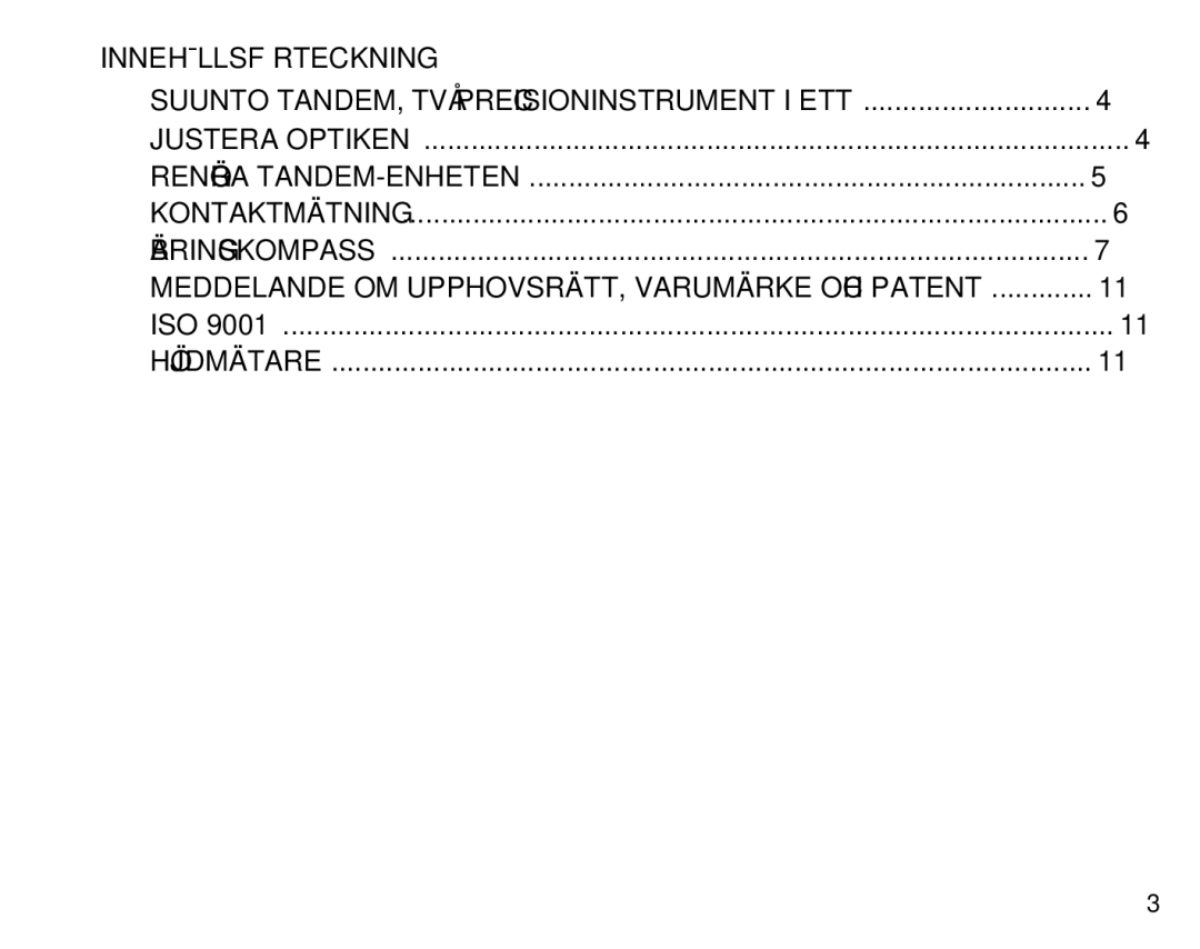 Suunto Tandem manual Innehållsförteckning 