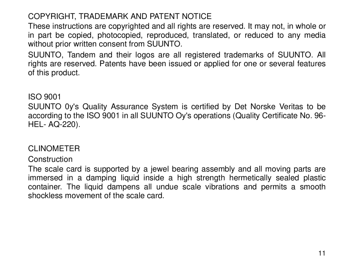 Suunto Tandem manual COPYRIGHT, Trademark and Patent Notice, Iso, Clinometer 