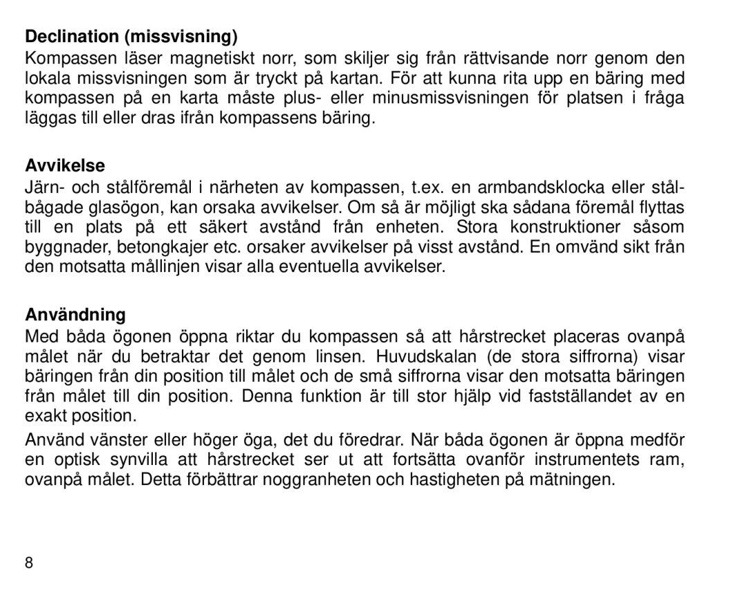 Suunto Tandem manual Declination missvisning, Avvikelse, Användning 