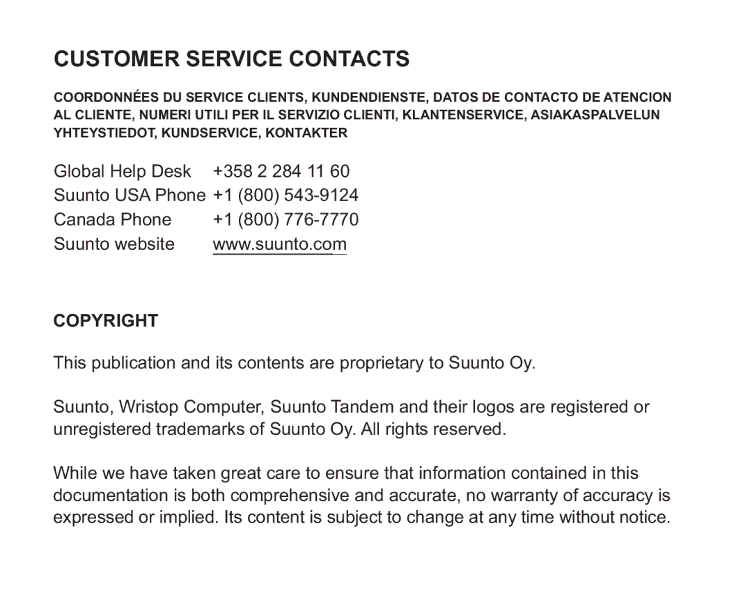 Suunto Tandem manual Customer Service Contacts 