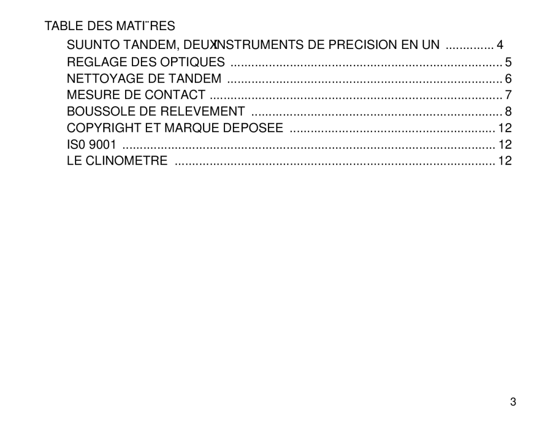 Suunto Tandem manual Table DES Matières, Suunto TANDEM, Deux Instruments DE Precision EN UN 