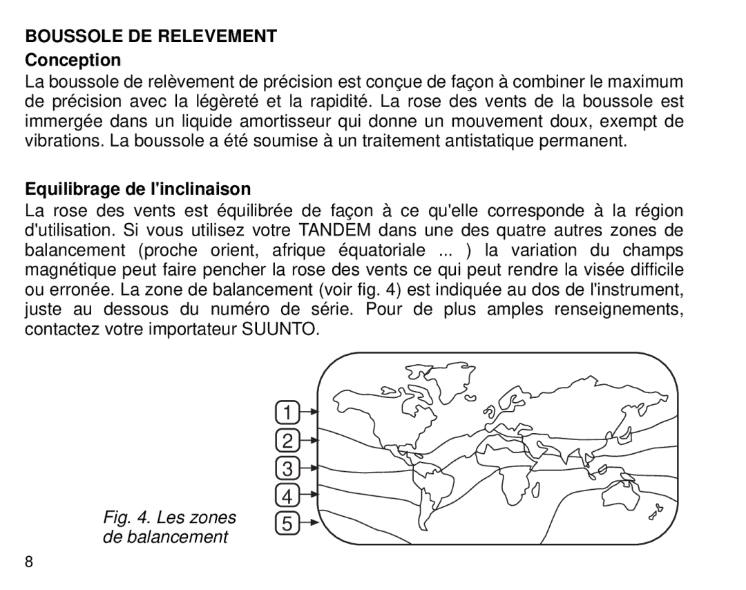 Suunto Tandem manual Boussole DE Relevement, Conception, Equilibrage de linclinaison 