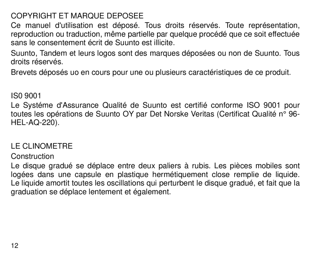 Suunto Tandem manual Copyright ET Marque Deposee, IS0, LE Clinometre 