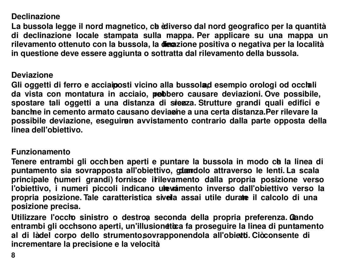 Suunto Tandem manual Declinazione, Deviazione, Funzionamento 