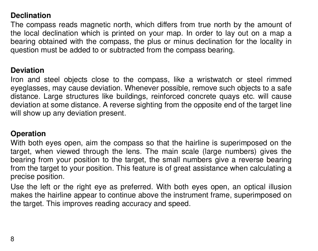 Suunto Tandem manual Declination, Deviation, Operation 