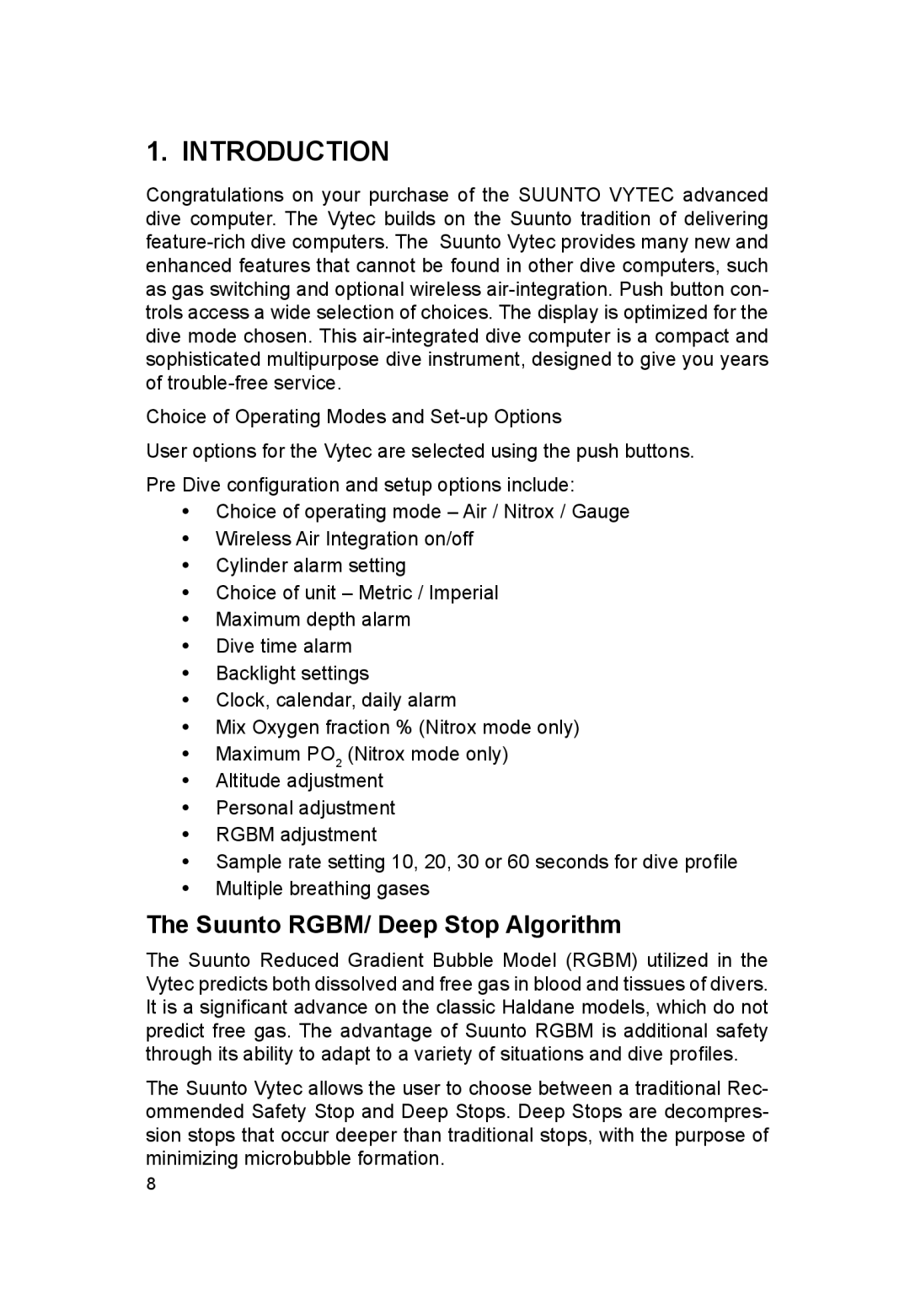 Suunto VYTEC DS manual Introduction, Suunto RGBM/ Deep Stop Algorithm 