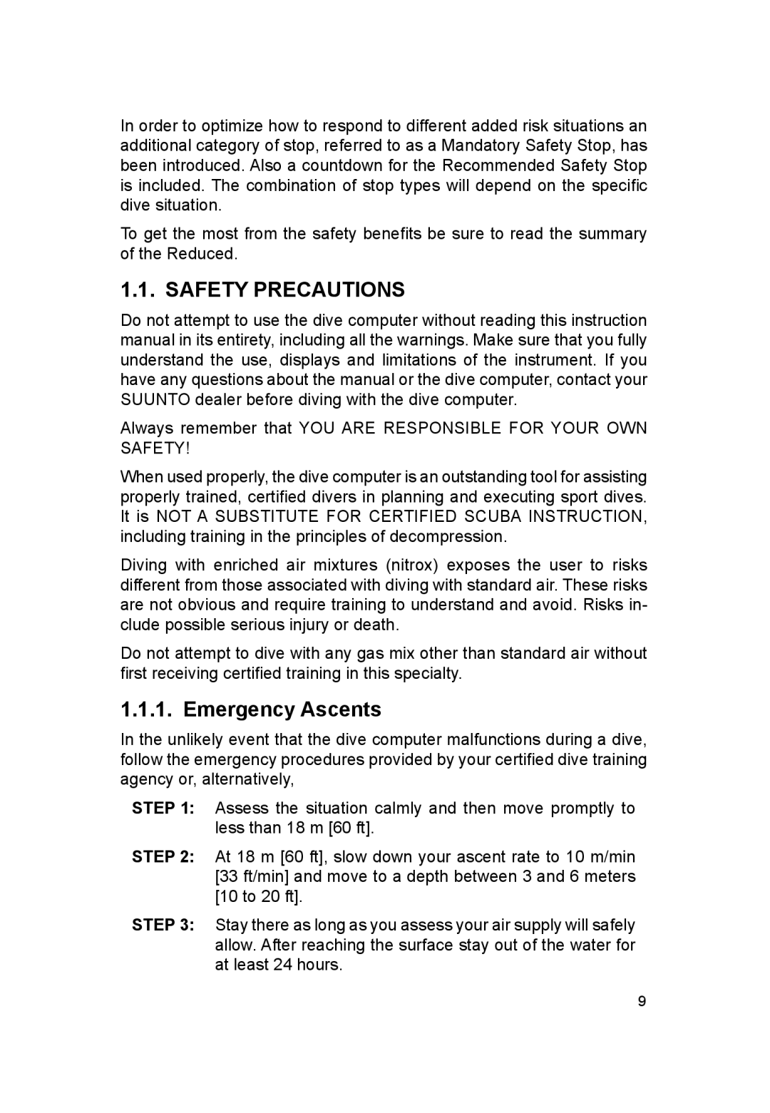 Suunto VYTEC DS manual Safety Precautions, Emergency Ascents 