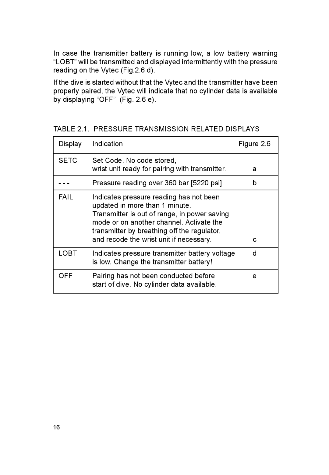 Suunto VYTEC DS manual Pressure Transmission Related Displays, Setc, Fail, Lobt, Off 