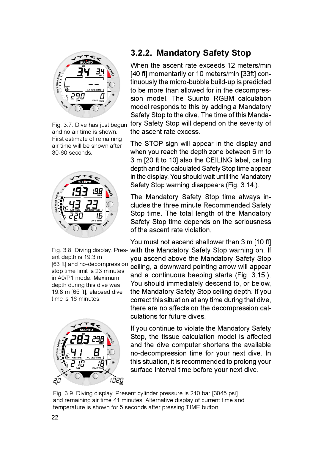 Suunto VYTEC DS manual Mandatory Safety Stop, Diving display. Pres- ent depth is 19.3 m 