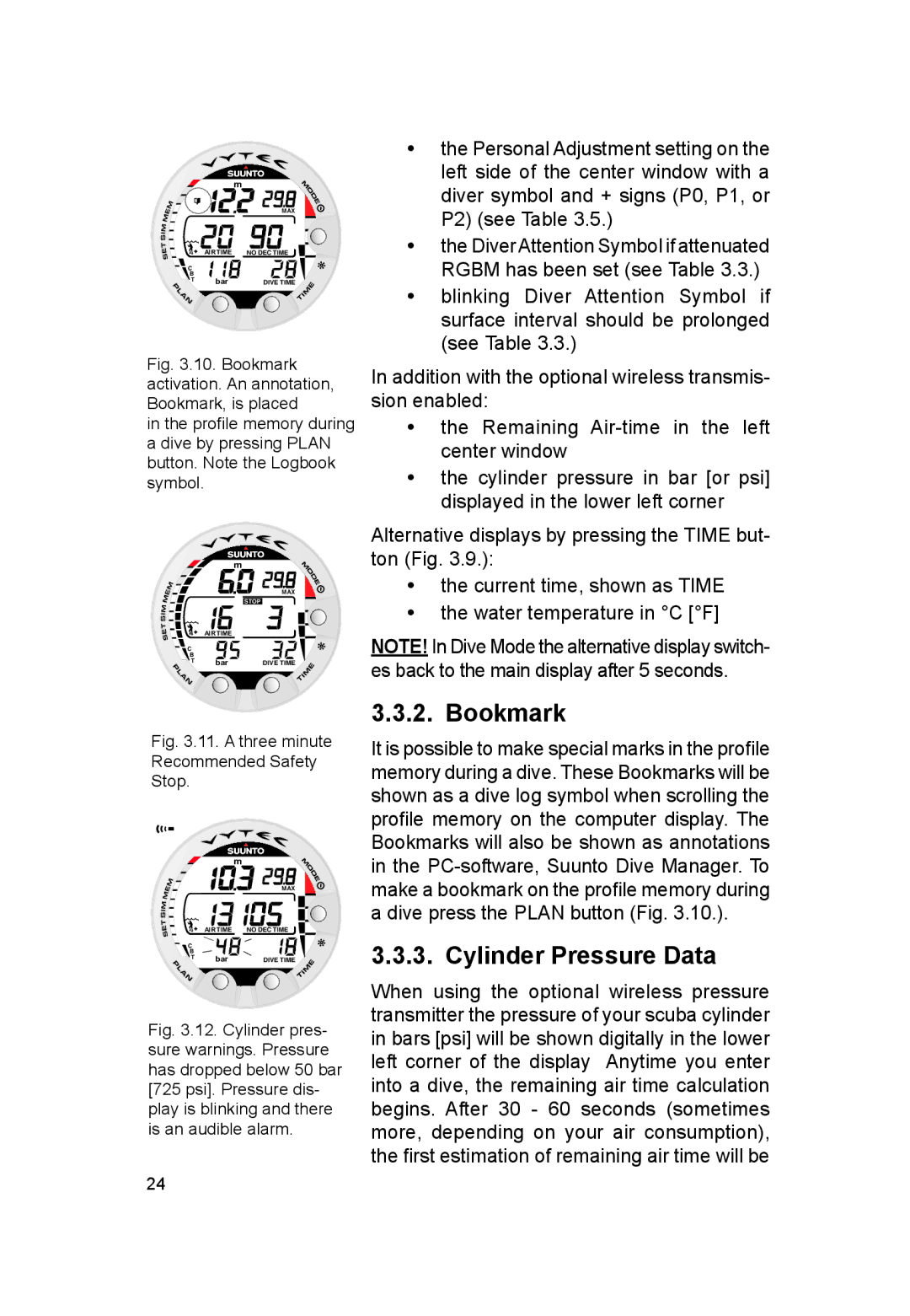 Suunto VYTEC DS manual Bookmark, Cylinder Pressure Data 