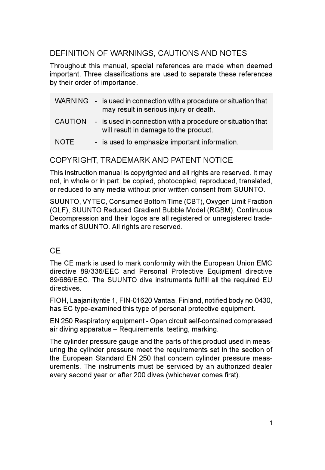 Suunto VYTEC DS manual Definition of WARNINGS, Cautions and Notes, COPYRIGHT, Trademark and Patent Notice 