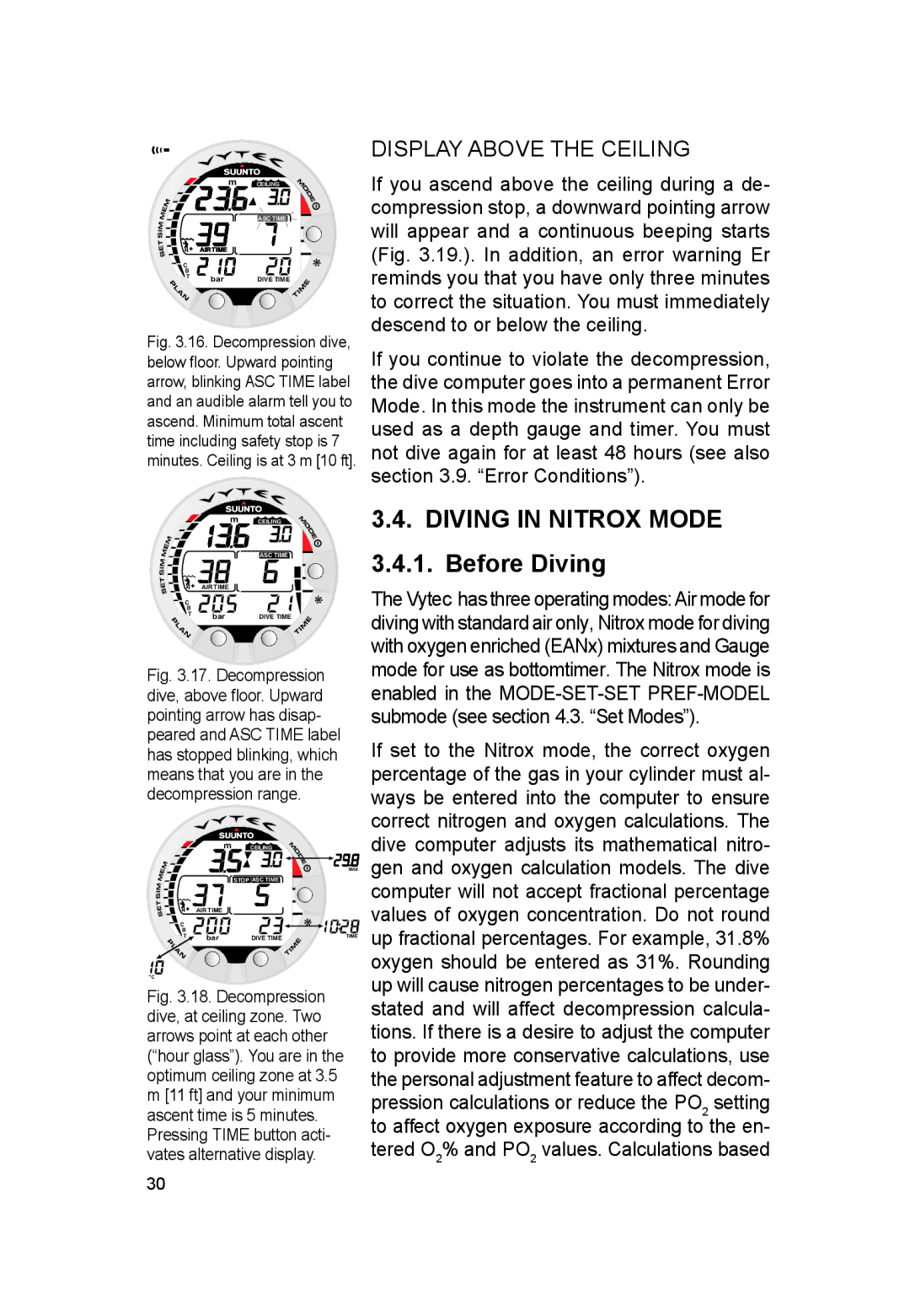 Suunto VYTEC DS manual Diving in Nitrox Mode 3.4.1. Before Diving, Display Above the Ceiling 