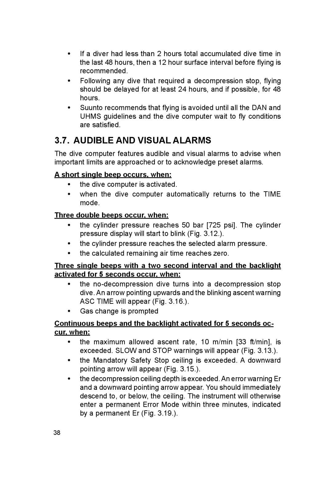 Suunto VYTEC DS manual Audible and Visual Alarms, Three double beeps occur, when 