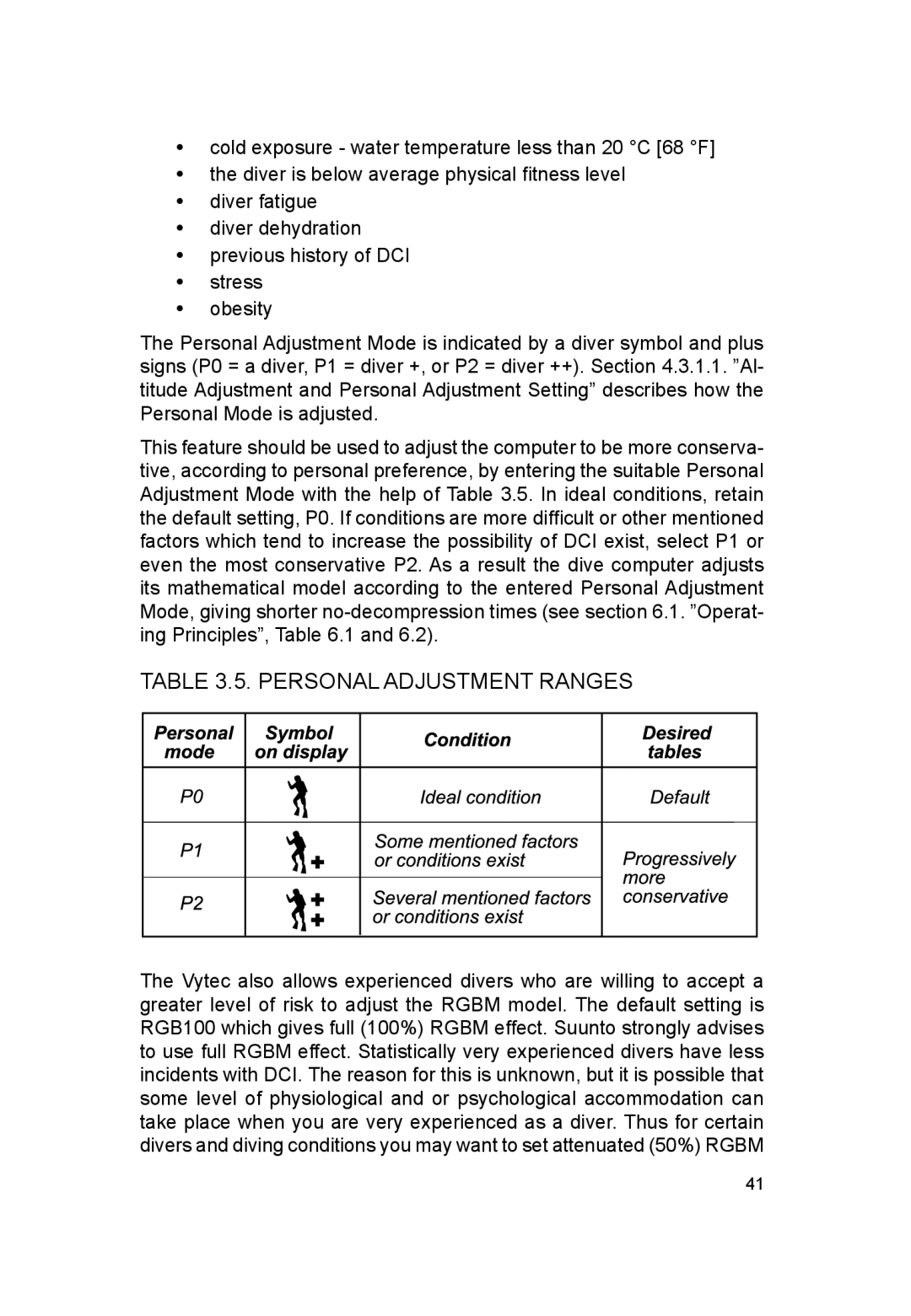 Suunto VYTEC DS manual Personal Adjustment Ranges 