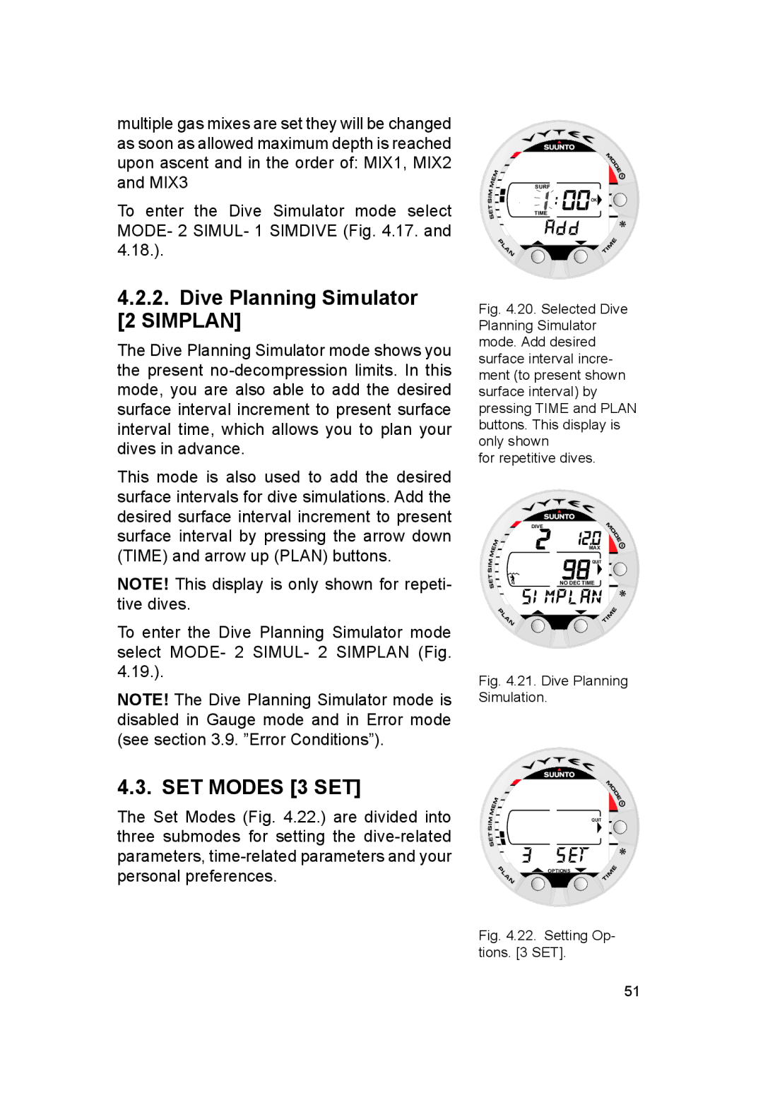 Suunto VYTEC DS manual Dive Planning Simulator 2 Simplan, SET Modes 3 SET 