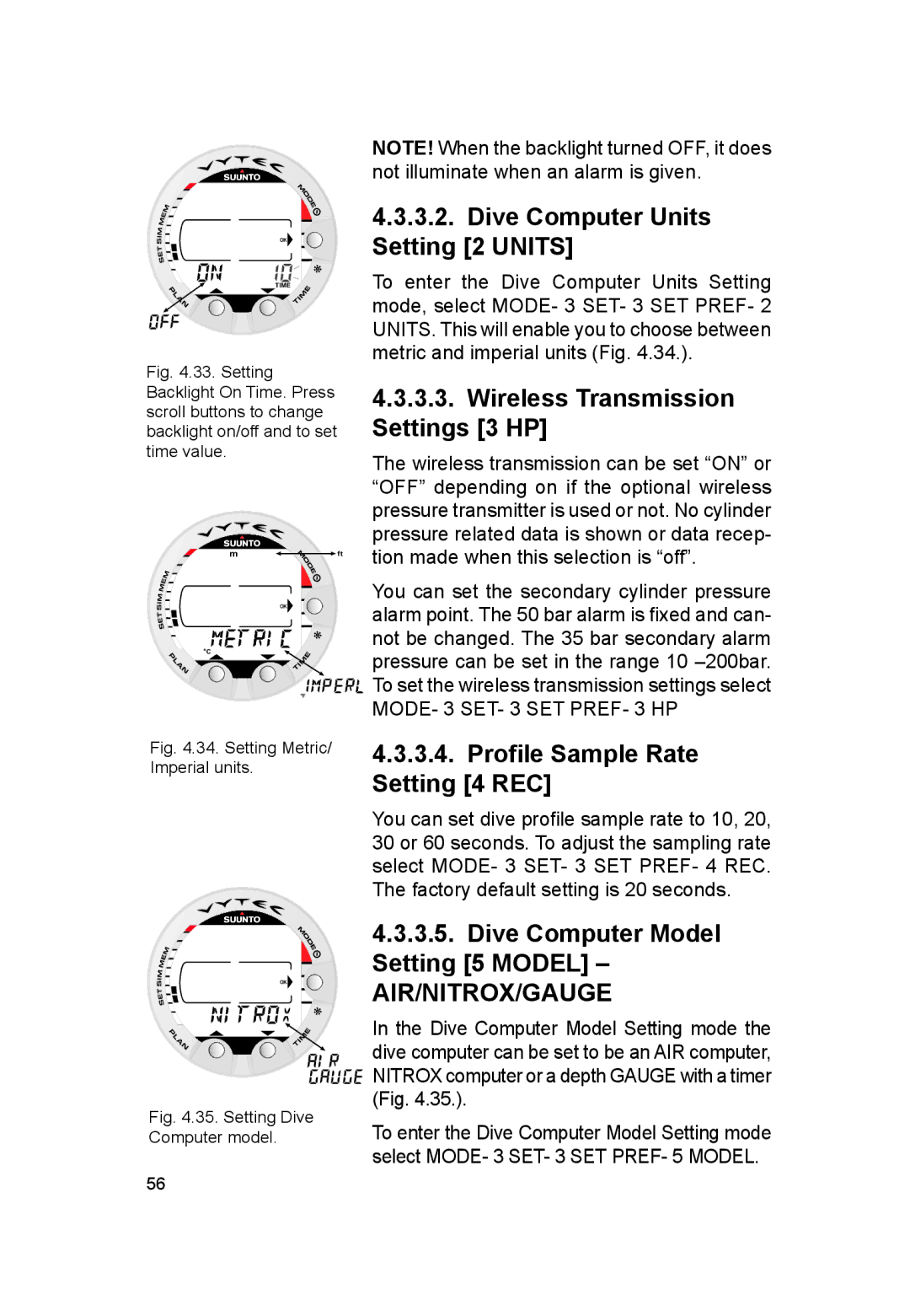 Suunto VYTEC DS Dive Computer Units Setting 2 Units, Wireless Transmission Settings 3 HP, Proﬁle Sample Rate Setting 4 REC 