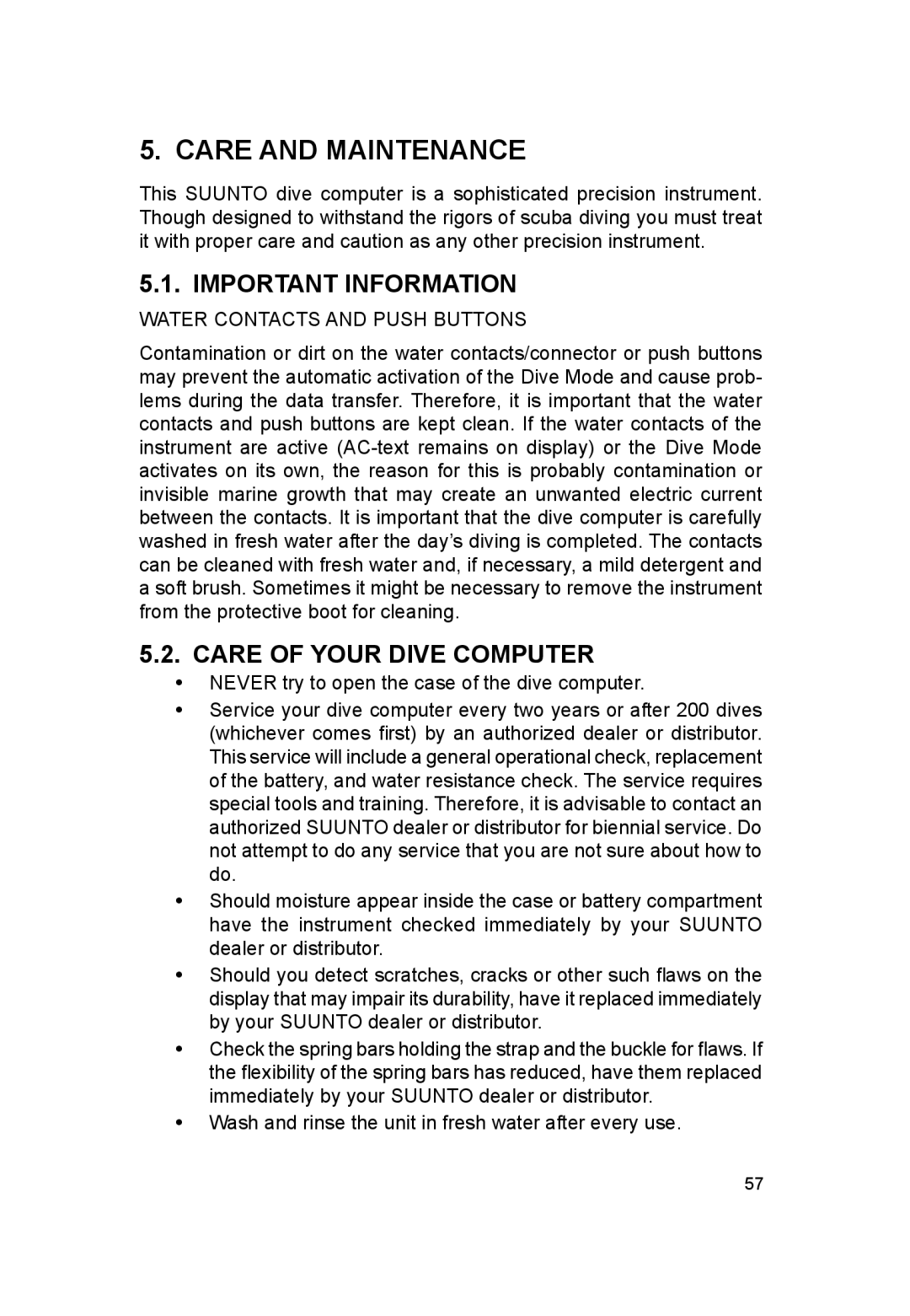 Suunto VYTEC DS Care and Maintenance, Important Information, Care of Your Dive Computer, Water Contacts and Push Buttons 