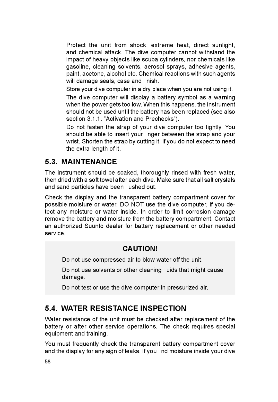 Suunto VYTEC DS manual Maintenance, Water Resistance Inspection 