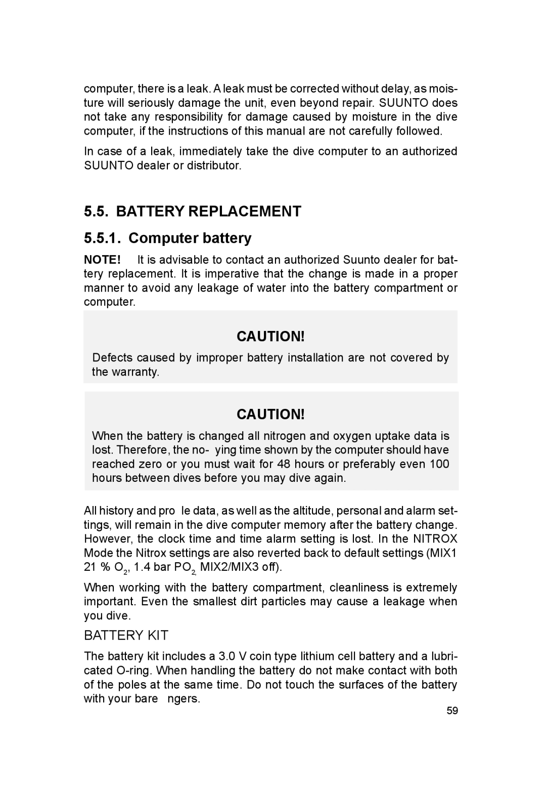 Suunto VYTEC DS manual Battery Replacement 5.5.1. Computer battery, Battery KIT 