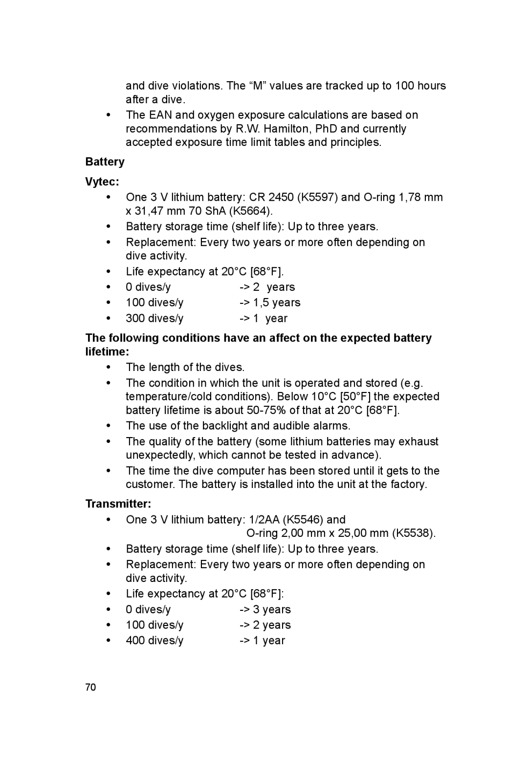 Suunto VYTEC DS manual Battery Vytec 