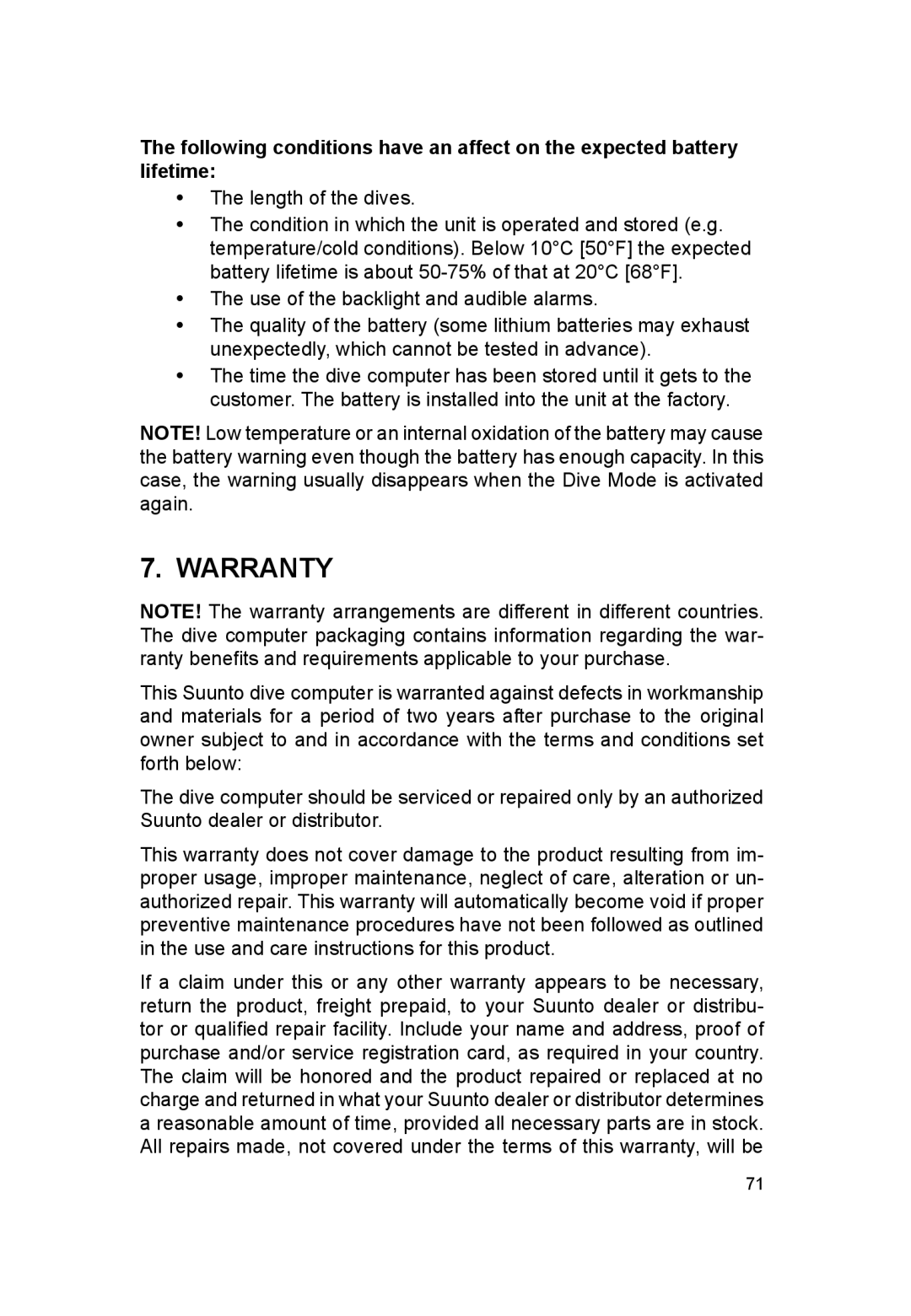 Suunto VYTEC DS manual Warranty 